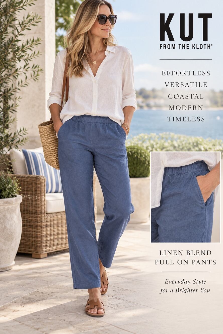 Coastal Resort Quiet Luxury KUT Linen Blend Pull On Straight Leg Pants Blue 14